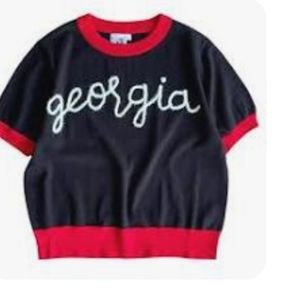 NWT QUEEN OF SPARKLES GEORGIA SWEATER GLITTER SCRIPT BLACK SHORT SLEEVE SZ L